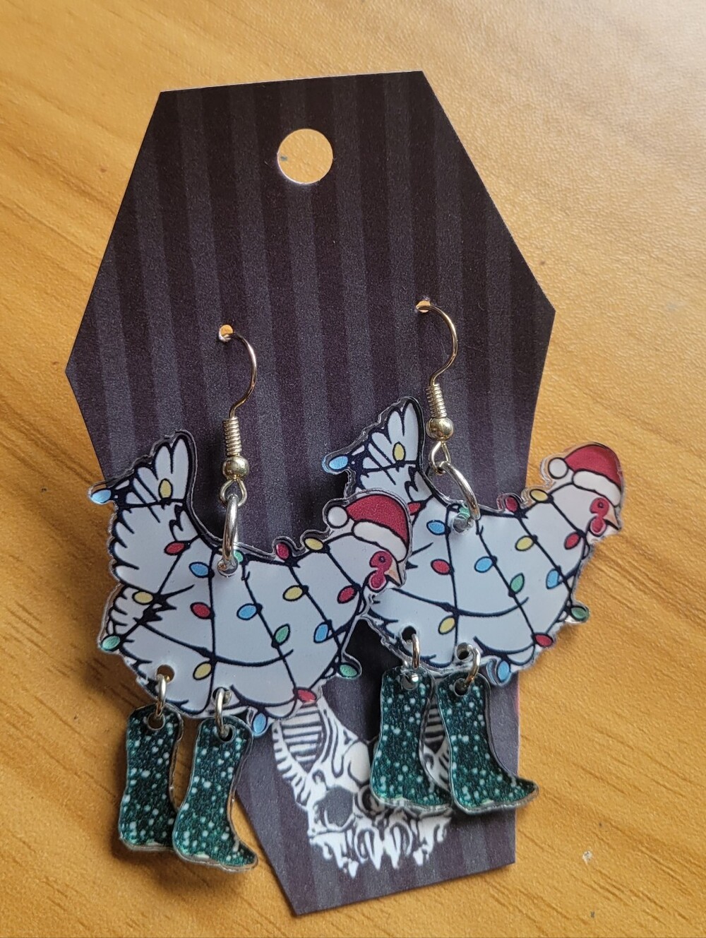 💀NEW💀 Hand Crafted White & Red Chicken Dangle Earrings with Green Boots